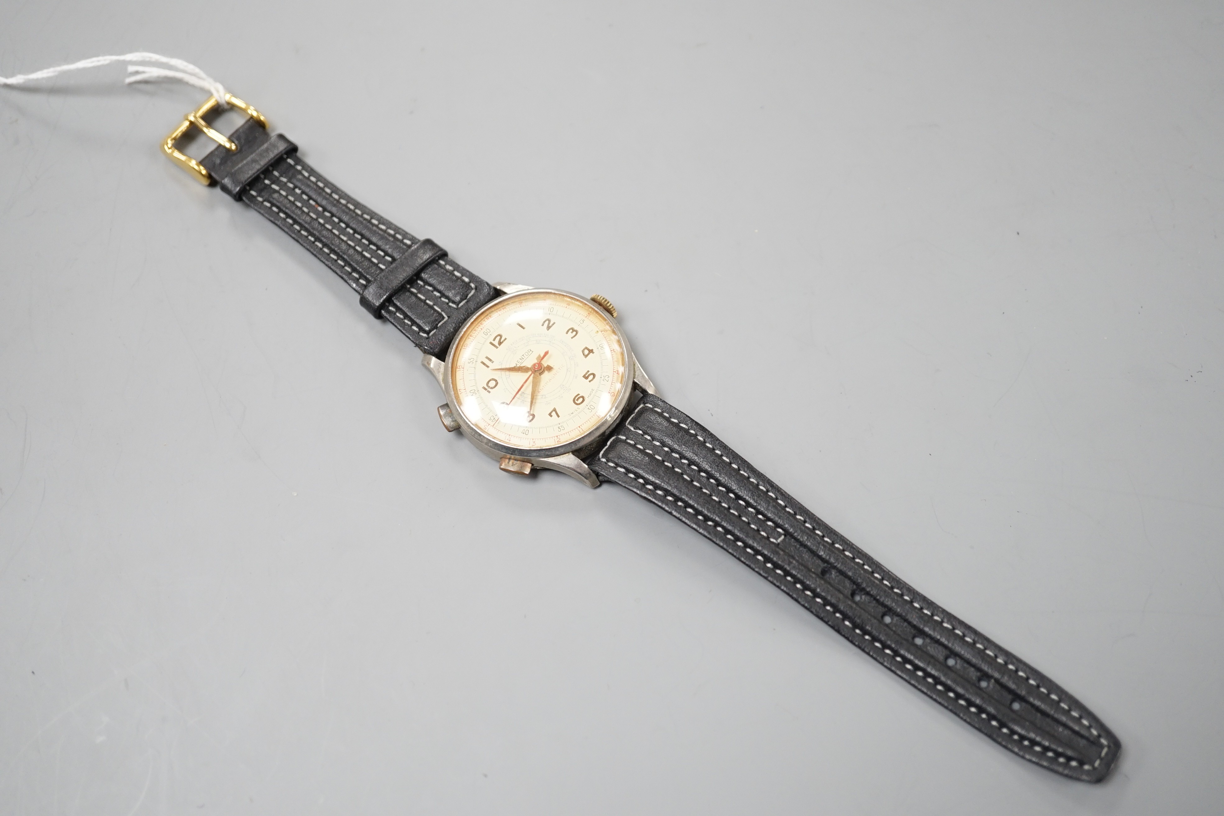 A gentleman's mid 20th century stainless steel Mentor chronograph wrist watch, on associated leather strap.
